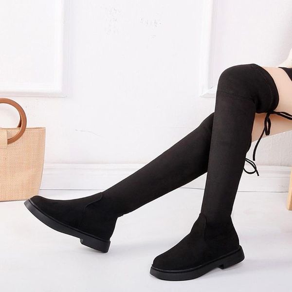women lace-up over knee bare socks boots stretch fabric flat round toe shoes woman casual over-the-knee warm long tube booties, Black
women lace-up over knee bare socks boots stretch fabric flat round toe shoes woman casual over-the-knee warm long tube booties, Black