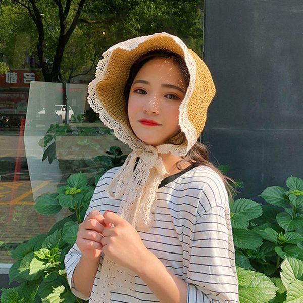 women summer woven straw sun hat wide brim uv protection floral lace stitching ribbon bow packable vacation beach cap, Blue;gray