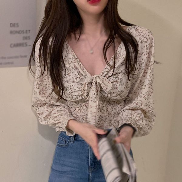 women's blouse fashion floral print v neck blouses exposed navel chiffon long sleeve casual shirt ., White
women's blouse fashion floral print v neck blouses exposed navel chiffon long sleeve casual shirt ., White