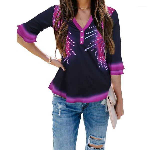 women tees casual designer t shirts women fireworks printed button flare sleeved v neck pullover tshirts fashion, White
women tees casual designer t shirts women fireworks printed button flare sleeved v neck pullover tshirts fashion, White