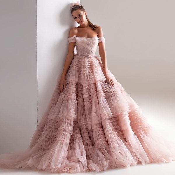 graceful blush a line tiered wedding dresses off the shoulder neck bridal gowns sweep train pleated tulle robe de mariée, White
graceful blush a line tiered wedding dresses off the shoulder neck bridal gowns sweep train pleated tulle robe de mariée, White