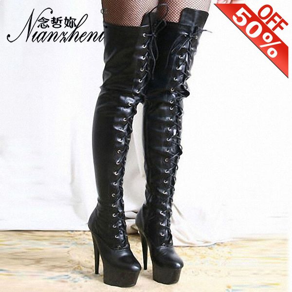new style fashion gladiator dress dancing shoes 6 inch thin heels combat boots round toe mary jane shoes 15cm knee high boots, Black 
new style fashion gladiator dress dancing shoes 6 inch thin heels combat boots round toe mary jane shoes 15cm knee high boots, Black