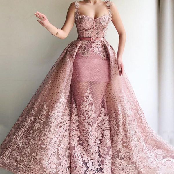2020 arabic prom dresses with detachable train lace beads evening dresses luxurious 3d floral formal party bridesmaid pageant gowns, Black;red 
2020 arabic prom dresses with detachable train lace beads evening dresses luxurious 3d floral formal party bridesmaid pageant gowns, Black;red
