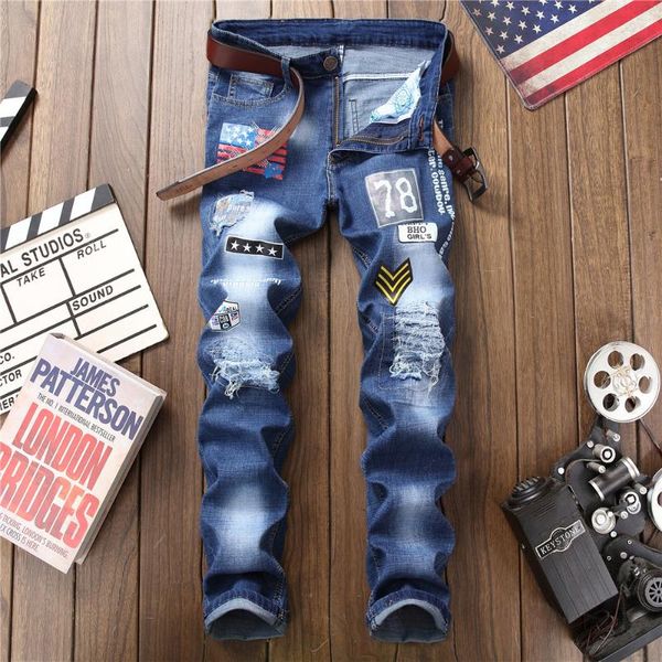 men's jeans european and american style fashion men stitching ripped slim straight stretch destroyed trousers, Blue
men's jeans european and american style fashion men stitching ripped slim straight stretch destroyed trousers, Blue