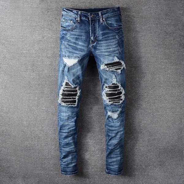 fashion streetwear men jeans slim destroyed ripped jeans men punk pants brand designer elastic hip hop homme, Blue