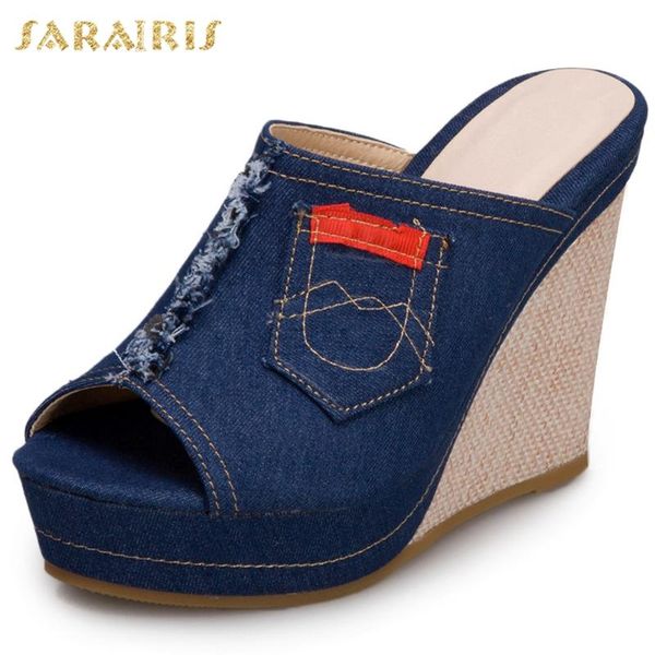 sarairis 2020 plus size 50 brand denim platform wedges high heels summer slipper sandals women wholesale shoes woman, Black
sarairis 2020 plus size 50 brand denim platform wedges high heels summer slipper sandals women wholesale shoes woman, Black