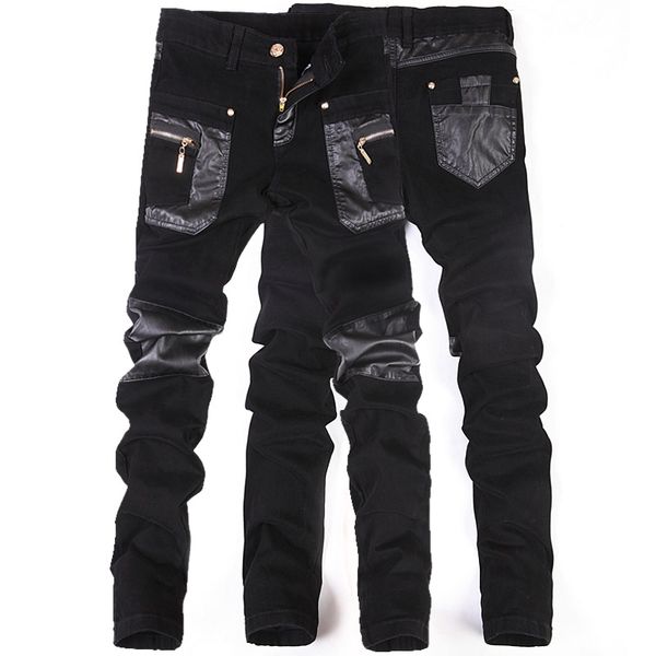 men's pants fashion men leather patchwork casual skinny motorcycle jeans slim trousers size 28-36, Black
men's pants fashion men leather patchwork casual skinny motorcycle jeans slim trousers size 28-36, Black