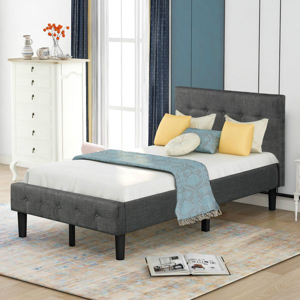 Us Stock 3-6 Days Delivery New Upholstered Platform Bed With Wooden Slat Support And Tufted Headboard And Footboard (twin) Wf193138eaa