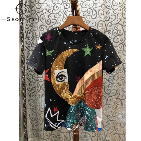 seqinyy t shirt women 2020 summer new fashion beading crystal eye moon star printed black cotton top, White
seqinyy t shirt women 2020 summer new fashion beading crystal eye moon star printed black cotton top, White