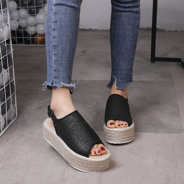 2020 новых соломы высокой клин пятки сандалии для женской обуви больших ярды рыбы сандалии рта bohemian пятна через границу, Black 
2020 новых соломы высокой клин пятки сандалии для женской обуви больших ярды рыбы сандалии рта bohemian пятна через границу, Black