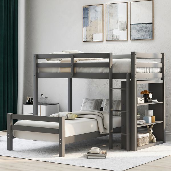 Us Stock, Gray Bunk Beds Twin Over Twin Bed With Ladder And Guard Rail, Wood Full Bed With Storage Shelves For Kids Adults Lp000021aae