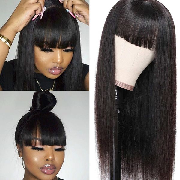 

Brazilian Virgin Synthetic Hair Wigs with Neat Bangs None Lace Front Wigs Glueless Machine Made Wig Heat Resistant Black Women Long Straight