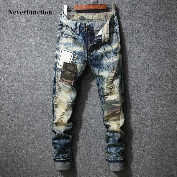 men new camouflage patch ripped slim fit jeans fashion vintage hip hop destroyed holes male biker denim trousers plus size 28-40, Blue
men new camouflage patch ripped slim fit jeans fashion vintage hip hop destroyed holes male biker denim trousers plus size 28-40, Blue