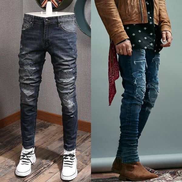 fashion design men's stitch detail patchwork distressed fading slim fit denim cotton jeans 5 pockets, Blue
fashion design men's stitch detail patchwork distressed fading slim fit denim cotton jeans 5 pockets, Blue