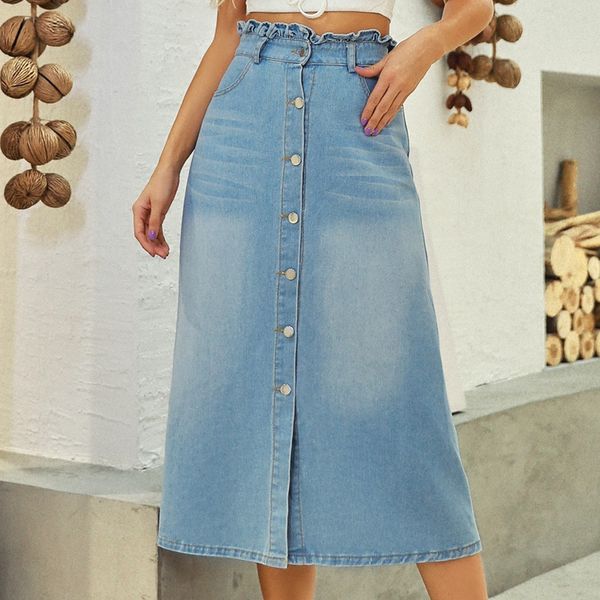 light blue denim long maxi ruffle skirts women 2020 autumn new a line high waist korean style front split button skirt women, Black
light blue denim long maxi ruffle skirts women 2020 autumn new a line high waist korean style front split button skirt women, Black