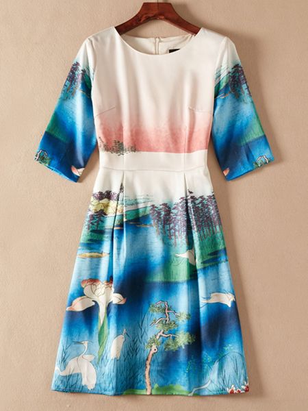 vintage print women a-line dress round neck dresses, Black;gray
vintage print women a-line dress round neck dresses, Black;gray