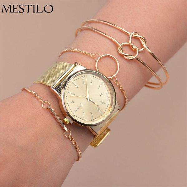 Mestilo New Gold Round Circle Tied Wire Open Cuff Bracelets Bangles Rose Gold Watch For Women Fashion Wristwatches Bracelets Set