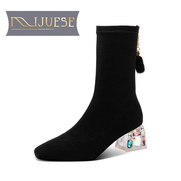 mljuese 2021 women mid-calf boots flock winter short plush square toe crystal high heels female boots size 39, Black 
mljuese 2021 women mid-calf boots flock winter short plush square toe crystal high heels female boots size 39, Black