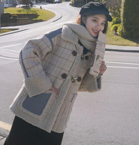 women's wool & blends autumn winter horn buckle lamb's woolen coat short thickened lattice stitching small fragrance jacket, Black
women's wool & blends autumn winter horn buckle lamb's woolen coat short thickened lattice stitching small fragrance jacket, Black
