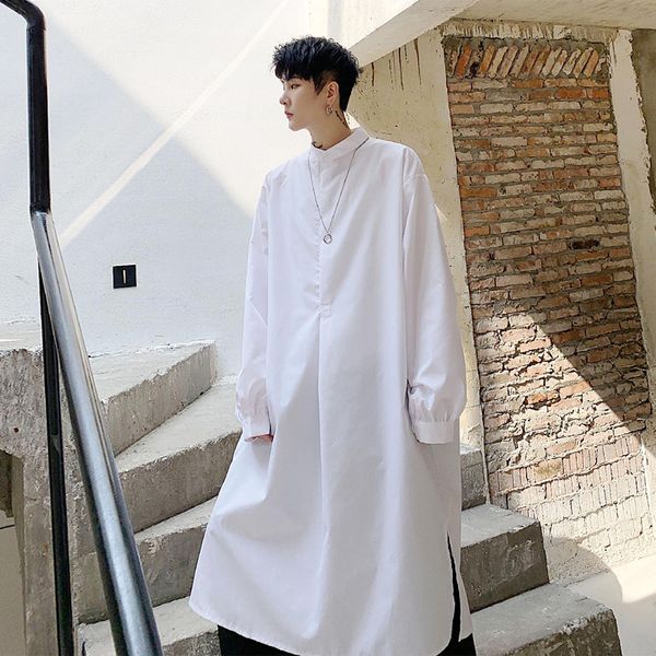 men's casual shirts autumn black white man long shirt korean style oversize hip hop dress stand collar vintage blouse robe, White;black
men's casual shirts autumn black white man long shirt korean style oversize hip hop dress stand collar vintage blouse robe, White;black