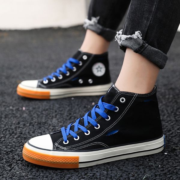 men canvas shoes spring autumn fashion solid color men vulcanized shoes lace-up white casual sneakers high, Black 
men canvas shoes spring autumn fashion solid color men vulcanized shoes lace-up white casual sneakers high, Black