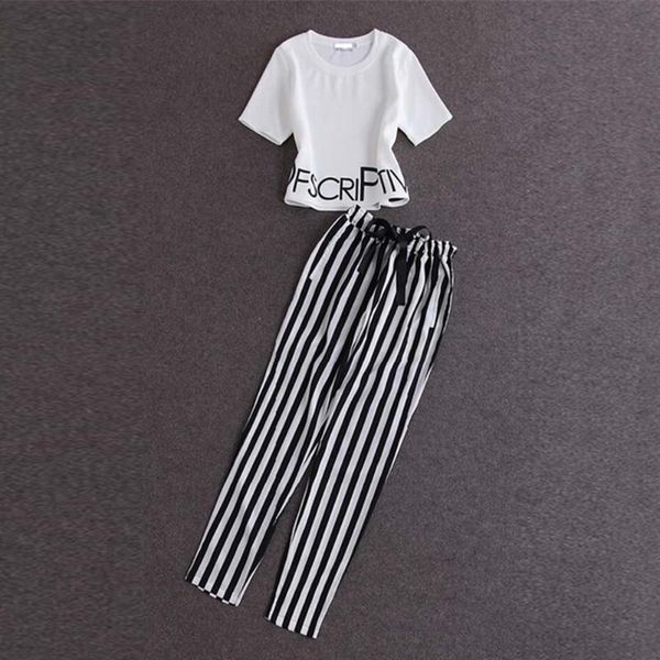 two piece dress women short sleeves letter print and stripe drawstring pants summer clothing, White
two piece dress women short sleeves letter print and stripe drawstring pants summer clothing, White