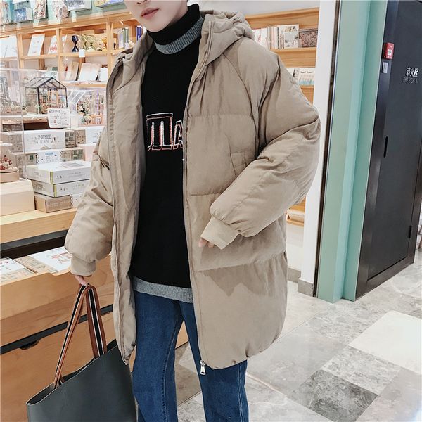 men's medium and long loose korean version of the trend handsome hat thickened cotton winter coat men kg-159, Black
men's medium and long loose korean version of the trend handsome hat thickened cotton winter coat men kg-159, Black