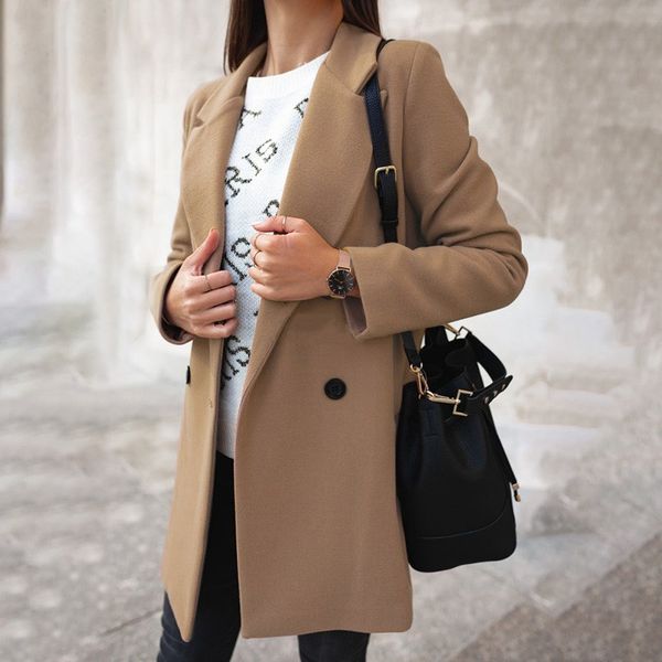 autumn winter women coat jackets solid color lapel double-breasted woolen midi trench coat loose long sleeve jacket warm elegant, Tan;black
autumn winter women coat jackets solid color lapel double-breasted woolen midi trench coat loose long sleeve jacket warm elegant, Tan;black