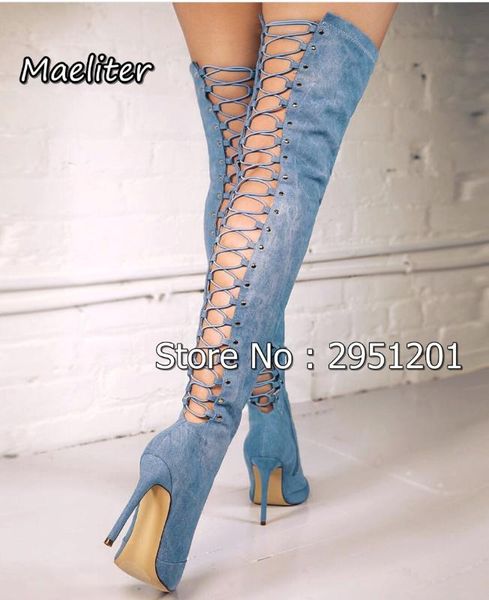 women over the knee boots high heels spring autumn pointed toe denim boots fashion lace up jeans thigh high, Black
women over the knee boots high heels spring autumn pointed toe denim boots fashion lace up jeans thigh high, Black