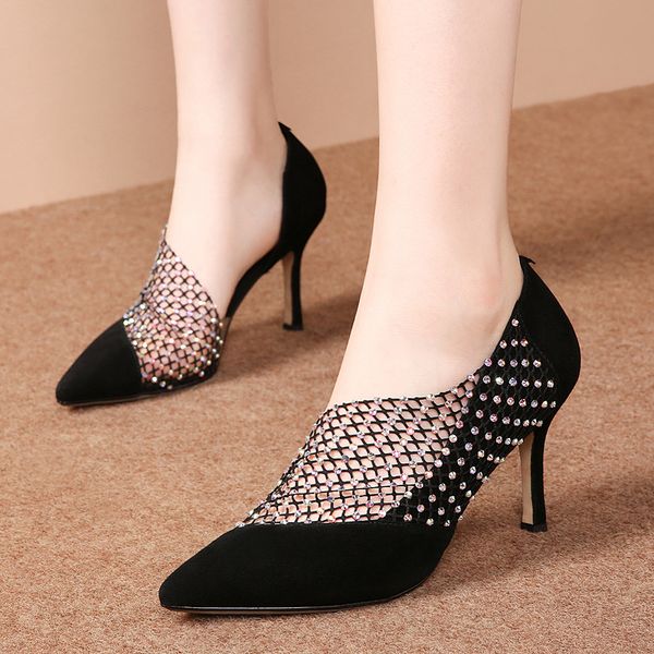2020 summer new fine with rhinestone hollow hollow high-heeled fashion pointed women's fashion shoes, Black
2020 summer new fine with rhinestone hollow hollow high-heeled fashion pointed women's fashion shoes, Black