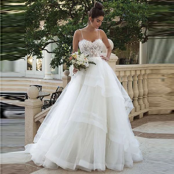 

Wedding Dress 2019 Spaghetti Straps Sweetheart Lace Applique Vestido De Noiva Bodice Corset Top A Line Wedding Dress Tulle Bridal Gown, Ivory