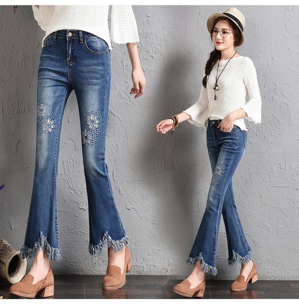 autumn winter new fashion korean version 100 waist high waist embroidered bell trousers broken hole tassel denim trousers female, Blue
autumn winter new fashion korean version 100 waist high waist embroidered bell trousers broken hole tassel denim trousers female, Blue