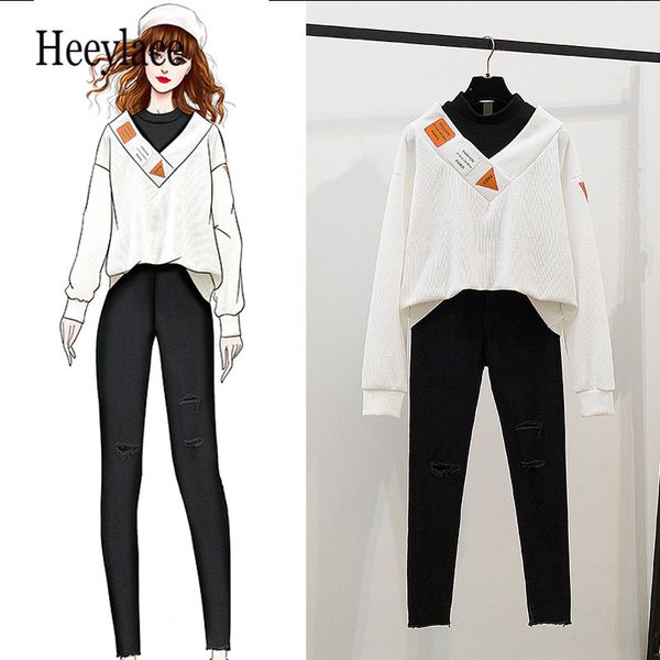 2020 autumn long sleeved patchwork pullover and pencil jeans hole pant set for women casual two piece clothing sets, Gray
2020 autumn long sleeved patchwork pullover and pencil jeans hole pant set for women casual two piece clothing sets, Gray