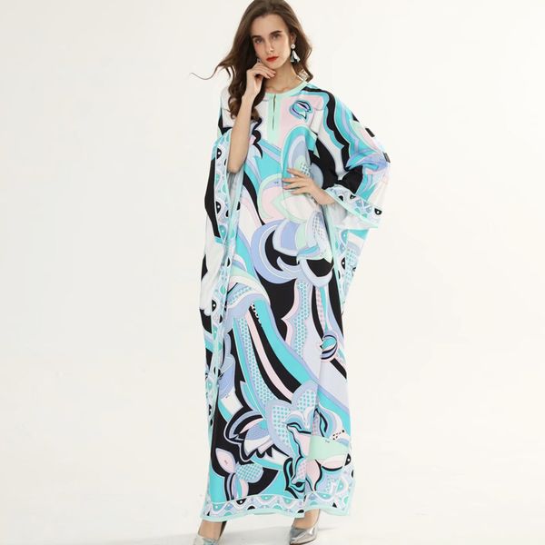 women's runway dresses o neck batwing sleeves printed loose design holiday knitted elastic long maxi dresses, Black