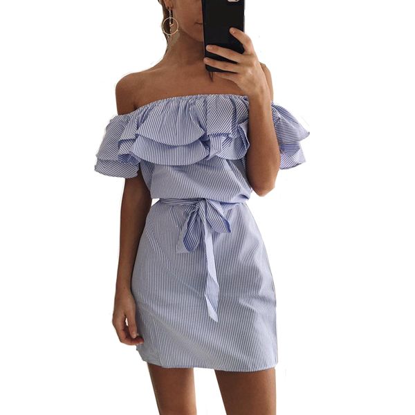 ladies off shoulder striped ruffles dress women elegant slash neck summer women dress sashes party club mini vestidos, Black;gray
ladies off shoulder striped ruffles dress women elegant slash neck summer women dress sashes party club mini vestidos, Black;gray