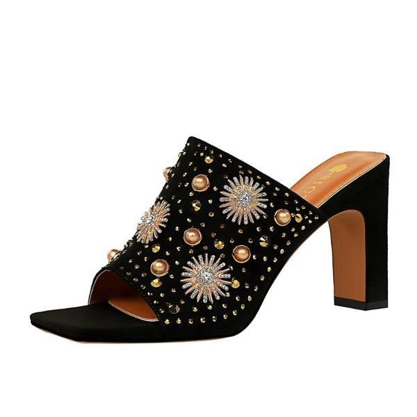 fashion high heel women's slippers suede slimming metal buckle riveting rhinestone 8.5cm chunky heel square head fish slippers, Black
fashion high heel women's slippers suede slimming metal buckle riveting rhinestone 8.5cm chunky heel square head fish slippers, Black