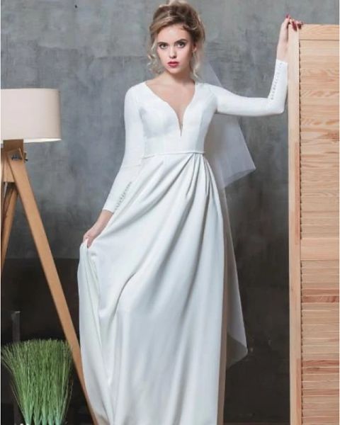 a-line wedding dresses v neck floor length stretch satin long sleeve simple casual little white dress with beading
a-line wedding dresses v neck floor length stretch satin long sleeve simple casual little white dress with beading