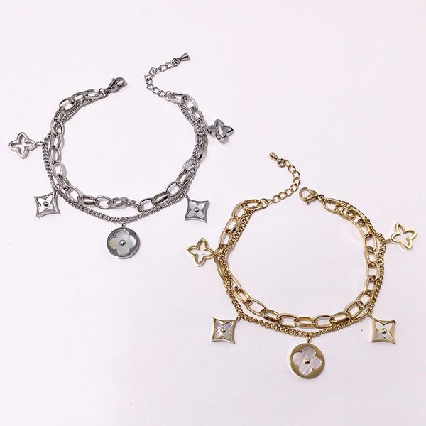 316l stainless steel silver clover shell bracelet luxury design rose gold flower two lline chains bracelets for women fashion jewelry, Golden;silver 
316l stainless steel silver clover shell bracelet luxury design rose gold flower two lline chains bracelets for women fashion jewelry, Golden;silver