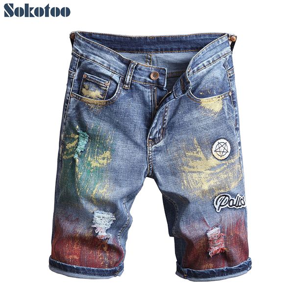 men's colored painted ripped shorts knee length holes stretch denim jeans summer capri, Blue
men's colored painted ripped shorts knee length holes stretch denim jeans summer capri, Blue