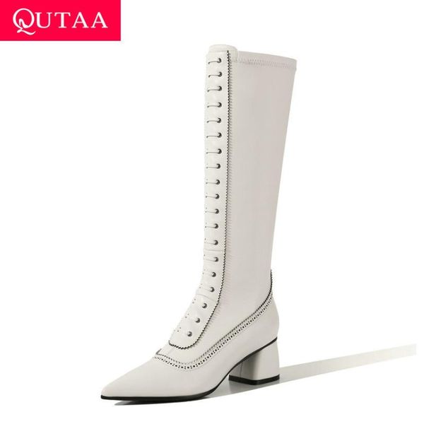 qutaa 2021 fashion pointed toe mid calf boots cow leather pu zipper long boots square heel autumn winter women shoes size 34-39, Black 
qutaa 2021 fashion pointed toe mid calf boots cow leather pu zipper long boots square heel autumn winter women shoes size 34-39, Black