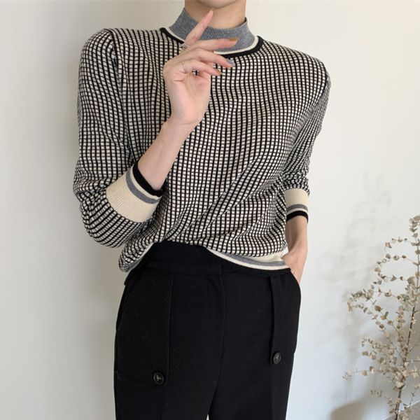 fall 2020 turtleneck plaid knitted pullover women contrast color slim knitted korean style puff sleeve, White;black
fall 2020 turtleneck plaid knitted pullover women contrast color slim knitted korean style puff sleeve, White;black