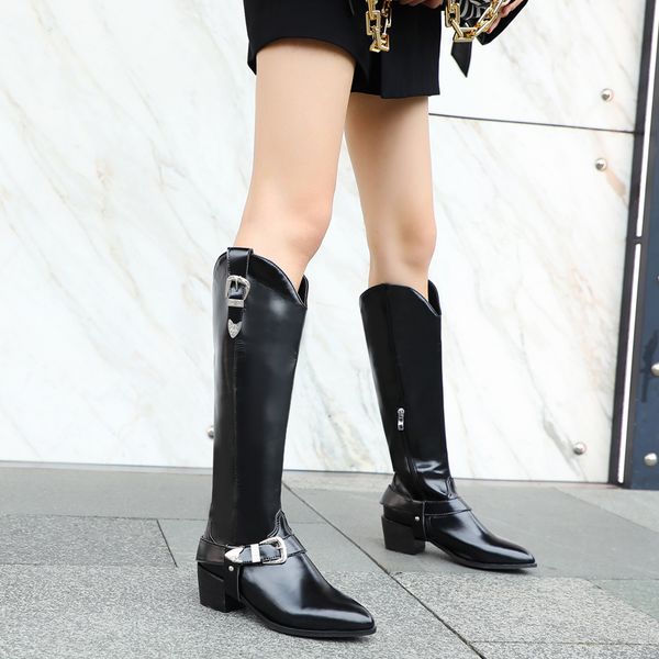 metal decor pointed toe women long boots patent leather knee high boot 5cm chunky high heel botas mujer 33-42, Black
metal decor pointed toe women long boots patent leather knee high boot 5cm chunky high heel botas mujer 33-42, Black