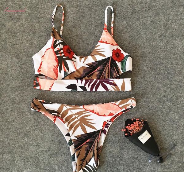 bikini women swimsuit 2020 summer cut out bathing suits push up jungle leaf print swimwear brazilian beach0698