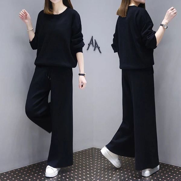 women's black knicker western style suit leisure loose long sleeve wide leg twinset pullover sweater pants two piece set, White;black
women's black knicker western style suit leisure loose long sleeve wide leg twinset pullover sweater pants two piece set, White;black