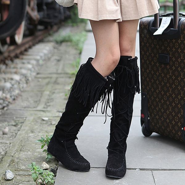 fashion women's autumn fringe boots bohemian boho knee high boot slip on round toe cross solid color female winter shoes, Black
fashion women's autumn fringe boots bohemian boho knee high boot slip on round toe cross solid color female winter shoes, Black