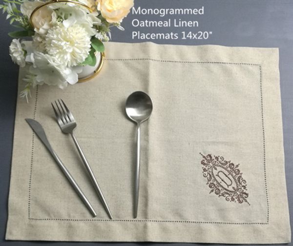 set of 12 monogrammed placemats 14"x20"hemstitched oatmeal linen table cloth with color embroidered initial d, Black;gray
set of 12 monogrammed placemats 14"x20"hemstitched oatmeal linen table cloth with color embroidered initial d, Black;gray