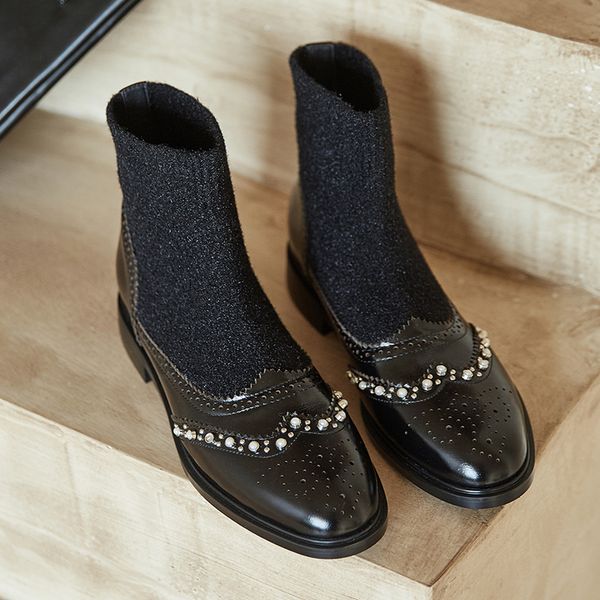 women boots cow leather round toe sock ankle boots flat heel closure winter lady brogue boots handmade shoes, Black
women boots cow leather round toe sock ankle boots flat heel closure winter lady brogue boots handmade shoes, Black