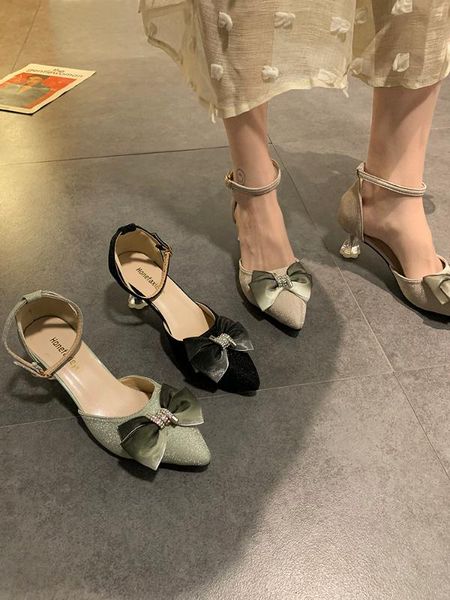 summer new fashion versatile bow pointed high heels, Black