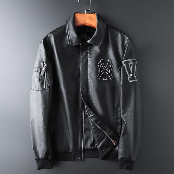 fashion men's washable pu leather jacket coat lapel zipper slim motorcycle jacket streetwear men's letter embroidered leather jack, Black
fashion men's washable pu leather jacket coat lapel zipper slim motorcycle jacket streetwear men's letter embroidered leather jack, Black