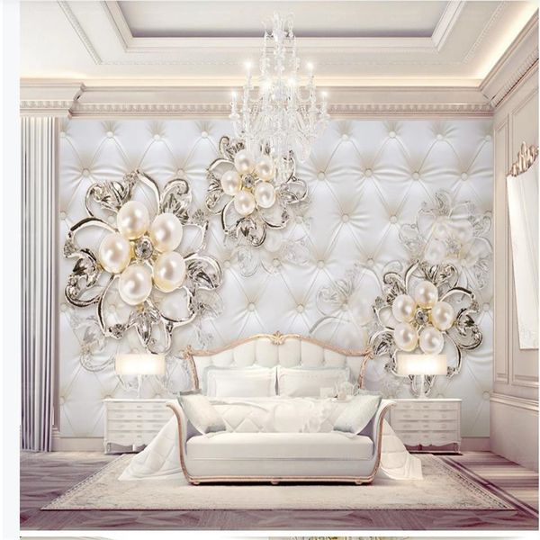 

Beautiful European-style soft package 3D three-dimensional pearl flower wallpapers TV background wall 3d stereoscopic wallpaper